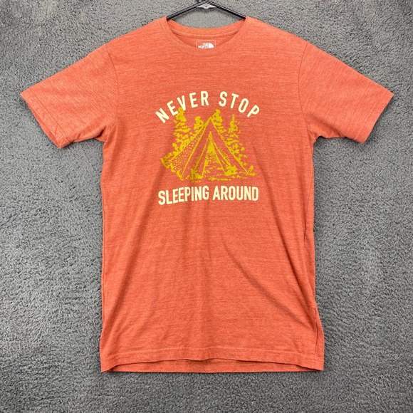 The North Face Mens Graphic T Shirt Small Orange Never Stop‎ Sleeping Around - Picture 1 of 12